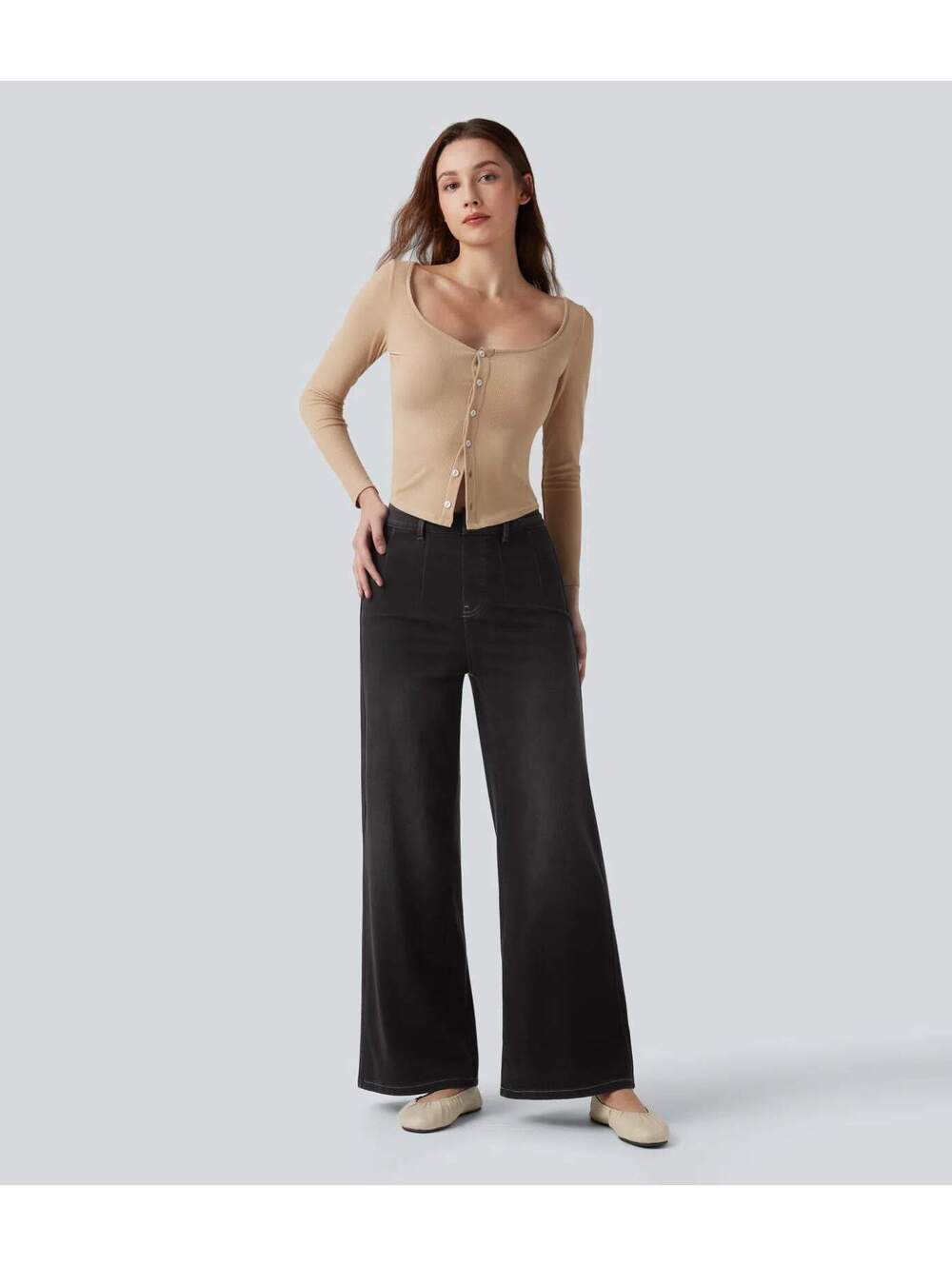 HALARA High Waisted Tummy Control Wide Leg Jeans with Pockets- Size L Reg